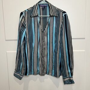 Russell Kenng‎ Women's Blouse Top Size 14 Blue Black White Stripe Silk Vintage